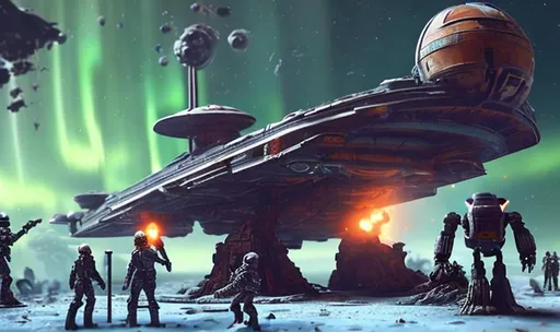 Prompt: ancient huge old rusty spaceship getting repaired  by robots dead planet sparks fire welding people working aurora many colours   guard drinking milk enhance detail turret on spaceship real soldier thin landing gears symmetrical ship laser warzone dead body's on ground ships exploding in sky thicker spaceship gun fight