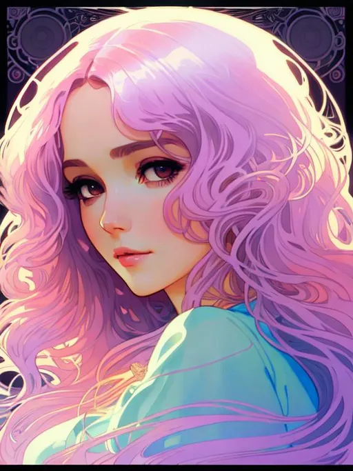 Prompt: long, black, curly haired girl. by Illya Kuvshinov and Alphonse Mucha. Dreamy, pastel colors, honey, close up