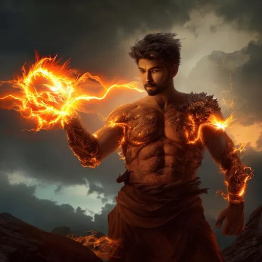 Prompt: A god with short hair and short beard manipulating fire with a dark sky in the background