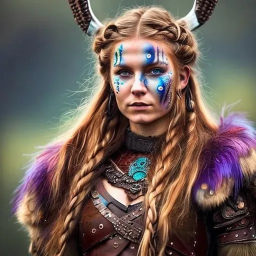 Prompt: A Viking women from Norway wearing colorful peacock feathers on her body, shield maiden face paint, she has braided dark red hair with hair beads, no feathers or horns and alabaster skin.