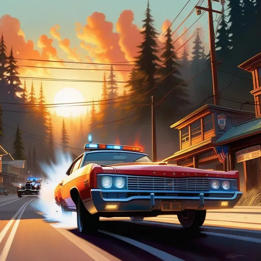 Prompt: Burnout Paradise, car chase, cops, damaged, warm atmosphere, cartoony, extremely detailed painting by Greg Rutkowski and by Henry Justice Ford and by Steve Henderson.