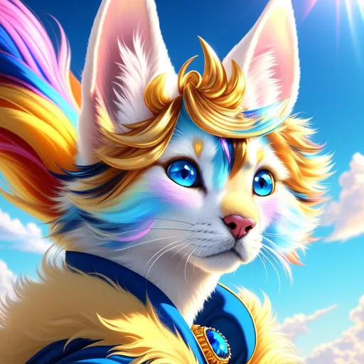 Prompt: (8k, 3D, UHD, highly detailed, masterpiece, professional oil painting, anime, zoomed out) medium-sized adolescent male quadruped with wind powers, pearl-gold fur with gold hairs and royal-blue hairs, long sky blue ears, vivid cherry-pink eyes, long blue ears with royal-blue interior, fur speckled with sapphire crystals, leafy crystal blue tail, cute fangs, majestic like a wolf, playful like a fox, energetic like a deer, ears of siamese cat, fluffy mane, standing in fantasy garden, neon iridescent flowers, cyan flowers, magenta flowers, cherry blossoms, mountains, auroras, pink twilight sky, Sylveon, intricately detailed, intricately detailed fur, high octane render, yuino chiri, UHD