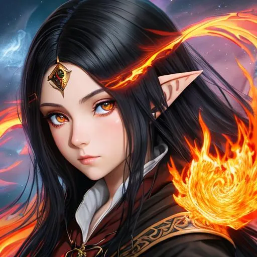 Prompt: "Full body, oil painting, fantasy, anime portrait of a young hobbit woman with flowing ash black hair and dark blue eyes, short elf ears | Elemental fire sorceress wearing intricate fiery red wizard robes, #3238, UHD, hd , 8k eyes, detailed face, big anime dreamy eyes, 8k eyes, intricate details, insanely detailed, masterpiece, cinematic lighting, 8k, complementary colors, golden ratio, octane render, volumetric lighting, unreal 5, artwork, concept art, cover, top model, light on hair colorful glamourous hyperdetailed medieval city background, intricate hyperdetailed breathtaking colorful glamorous scenic view landscape, ultra-fine details, hyper-focused, deep colors, dramatic lighting, ambient lighting god rays, flowers, garden | by sakimi chan, artgerm, wlop, pixiv, tumblr, instagram, deviantart