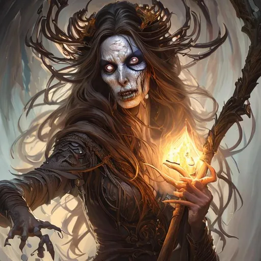 Prompt: Full body splash art portrait of a female undead sorceress casting a spell, very long light honey brown hair with a fringe, wearing long light-colored iridescent robe, carrying a wooden staff, D&D, fantasy, intricate, highly detailed, sharp focus, digital painting, oil painting, master piece, artstation, concept art, 4k, 8k