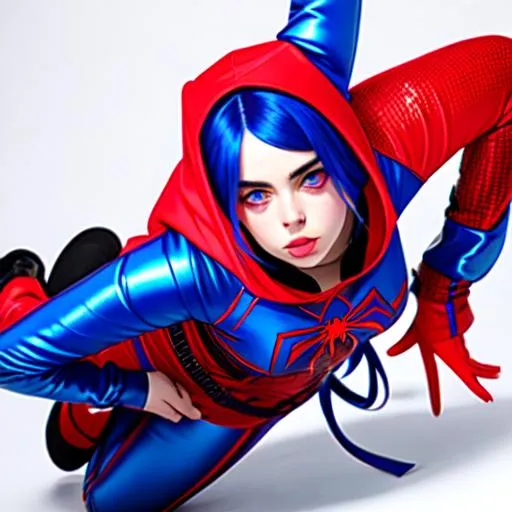 Prompt: Billie Eilish wearing a red and blue spider woman costume