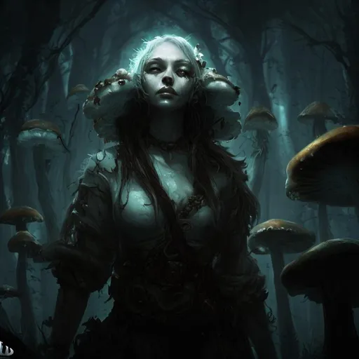 Prompt: Mysterious adventurer female druid of mushroom spores, detailed character portrait, dark fantasy vibe, creative dnd character ideas, lots of mushroom glow, grim dark, anxiety, light dress, artstation 4k