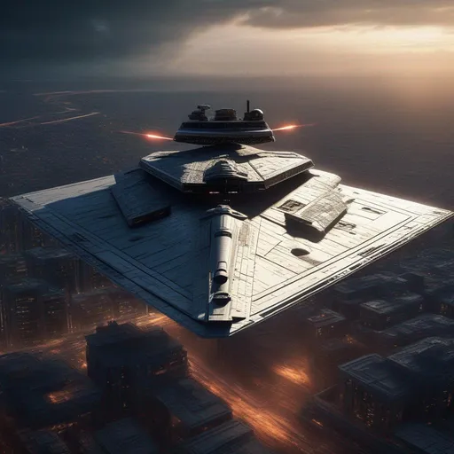 A Star Destroyer from Star Wars movies, above the ci...