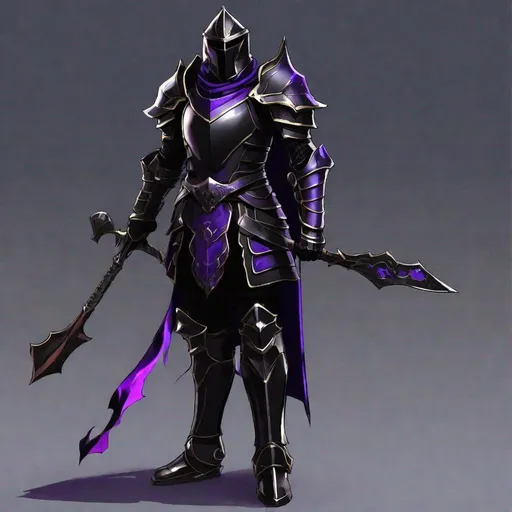 Prompt: Anime The black knight, yes 6 feet tall, 185 - 200 pounds has black Armour with purple trimming he has a helmet the covers his face, he also have a battle axe holsterd on his back, the armor should not be to bulky

In a open field at night