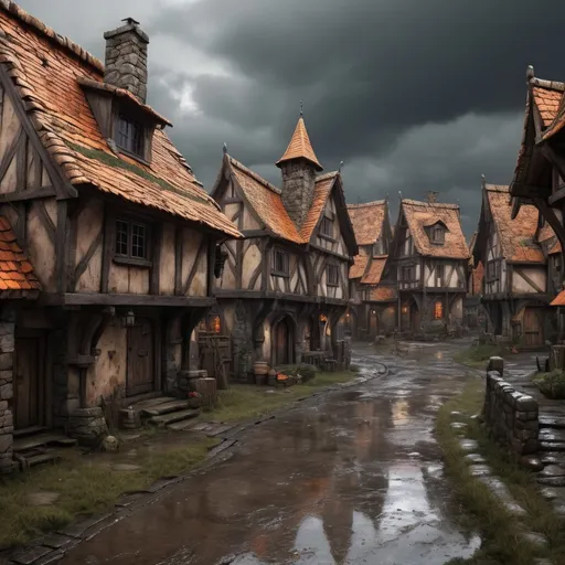Prompt: Weathered Warhammer fantasy RPG style village, close-up view, high definition, dark atmosphere, eerie atmosphere, detailed weathering, medieval fantasy, worn stone buildings, orange roof tiles, intricate wooden structures, rugged terrain, overcast sky, dramatic lighting, high quality, detailed, RPG style, village setting, medieval, weathered textures, intricate details, after rain, muddy road