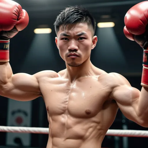 Prompt: high resolution, 4k, detailed, high quality, professional, wide view
Sweaty muscle boxing guy. Big red boxing gloves. Sweaty armpits. Asian young faces. Strong arms raised up to flex muscles.