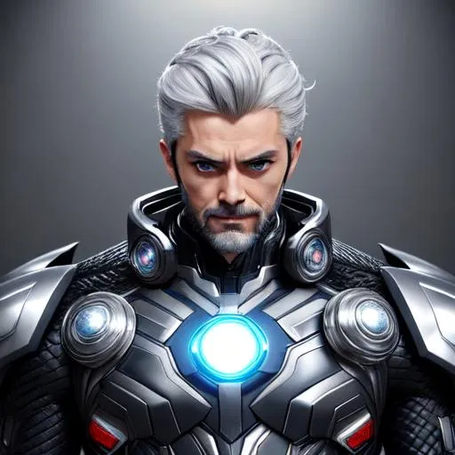 Prompt: Digital art gorgeous man, full body shot, intricate detail, perfect eyes, grey hair, facial hair, Genshin Impact vibe, mecha, HDR, UHD, 64K, ambient light, ArtStation, Pinterest, super hero, thor, cinematic, kamen rider, tokusatsu