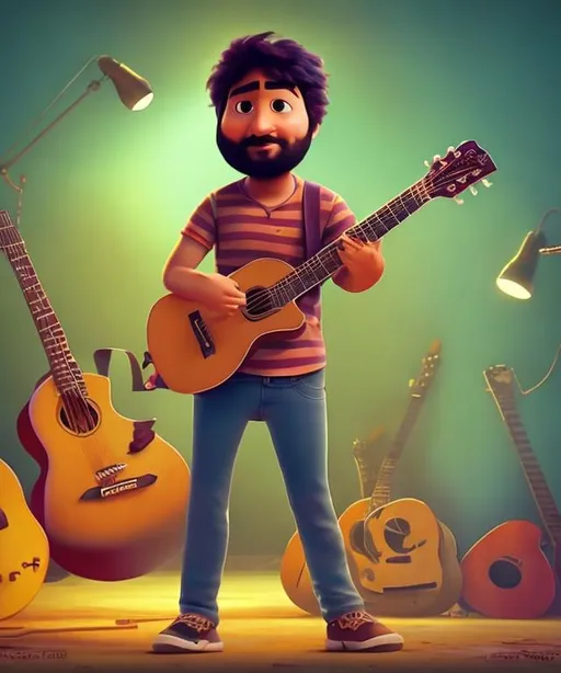 Prompt: Arijit Singh with Guitar in hand thinking pose in pixar style image
