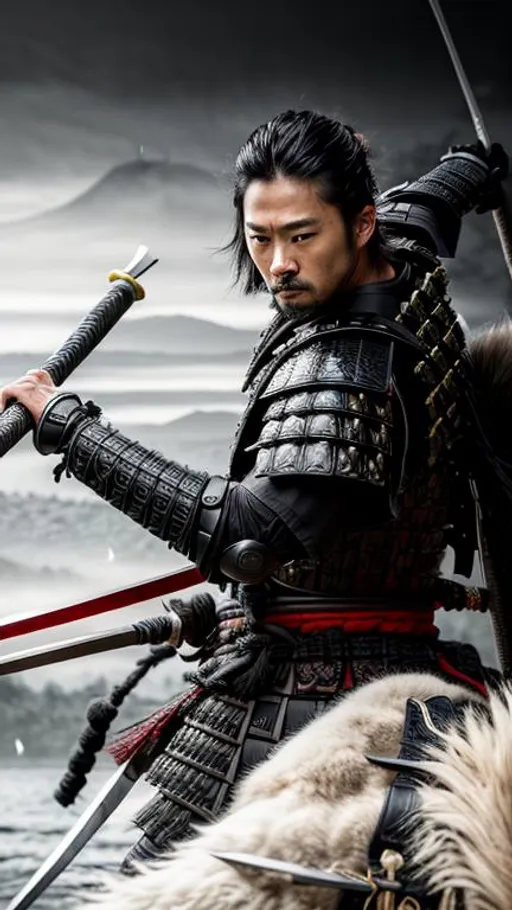 Prompt: Intricately detailed Samurai in Dark grey and Black Colored Samurai Armor, Ronin, Photorealistic, Film Quality, Filmic, Hyperrealistic, Hyperdetailed, Japanese Aesthetic, Beautiful Sword Detail, Striking eyes, Inspired by a young Hiroyuki Sanada, dynamic lighting, Striking, Action pose, Movie Quality