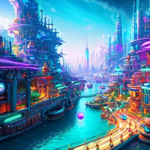 Prompt: Tidalpunk city, fantasy, aesthetic, full of life, colorful, digital art 