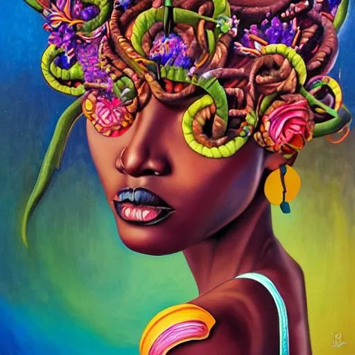 Prompt: dynamic composition, a painting of an african woman with hair of ( neon summer flowers )!! and vines wearing ornate earrings, ornate gilded details, a surrealist painting by tom bagshaw and jacek yerga and tamara de lempicka and jesse king, featured on cgsociety, pop surrealism, surrealist, dramatic lighting, voodoo!!