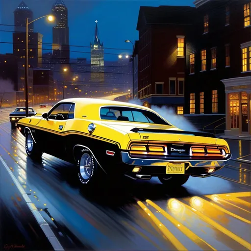 Prompt: Yellow Dodge Challenger 1970, car chase, cops, Pittsburgh at night, warm atmosphere, extremely detailed painting by Greg Rutkowski and by Henry Justice Ford and by Steve Henderson.