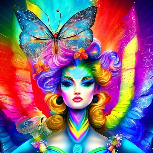 Prompt: Stunningly beautiful full body action pose of a goddess with rainbow colored butterfly wings, symmetrical face, beautiful face 


