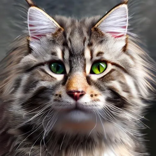 Prompt: photorealistic full body cat brownish tabby maine coon green eyes pinkish nose
