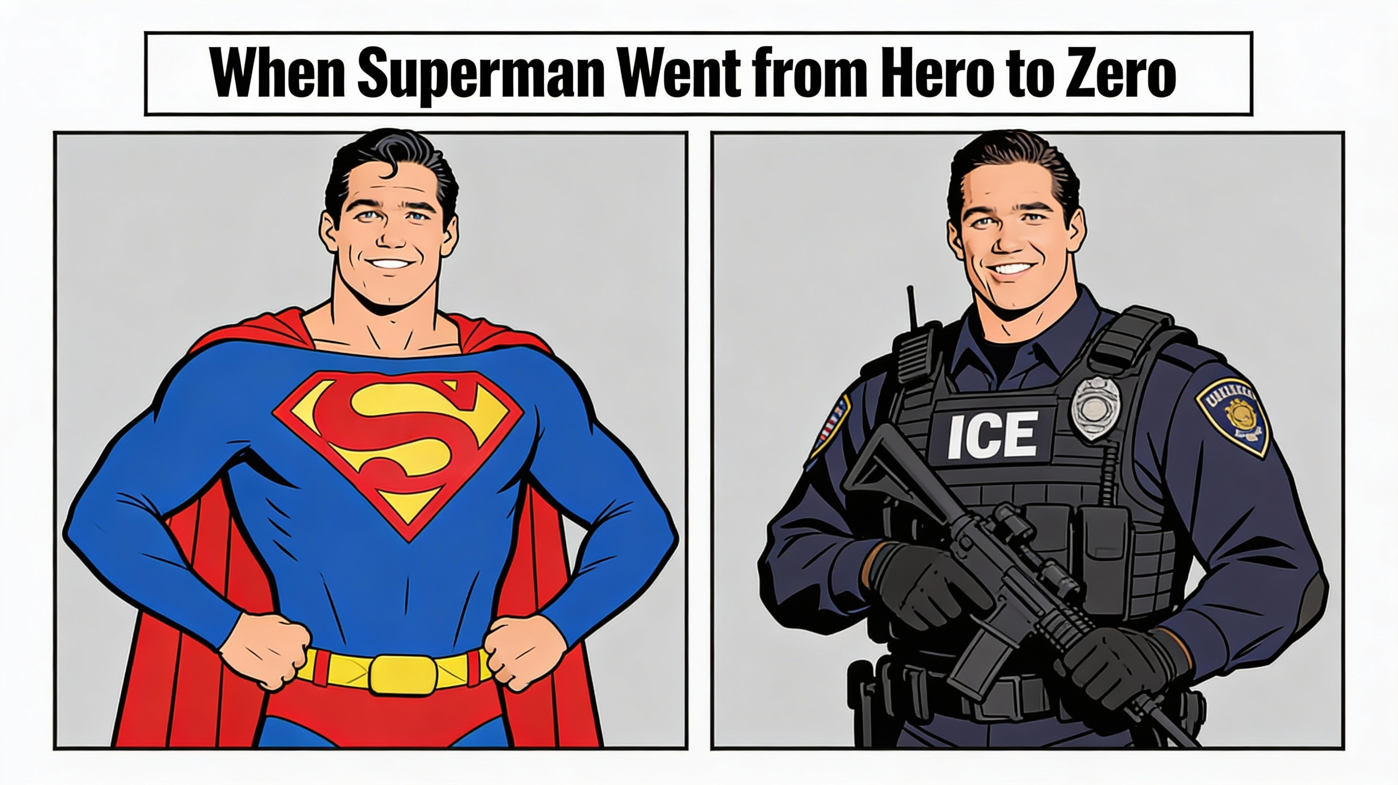 Make a cartoon of Dean Cain as Superman in one frame...