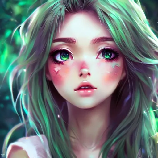 Prompt: pretty anime girl realistic small nose messy hair hd green eyes art vietneam super real super creative dreamy look
