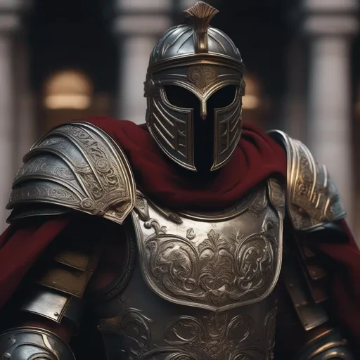 Prompt: a futurist centurion roman wearing iron mask in face, Full body, Highly Detailed, Hyperrealistic, sharp focus, Professional, UHD, HDR, 8K, Render, electronic, dramatic, vivid, pressure, stress, nervous vibe, loud, tension, traumatic, dark, cataclysmic, violent, fighting, Epic, 

