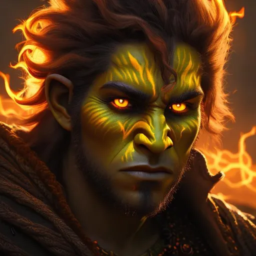 Prompt: Masterpiece digital art, portrait, young half-orc sorcerer, orc bloodline, solar, long orange fire Mohawk, yellow animalistic eyes, [desaturated skin], fireball, very detailed face