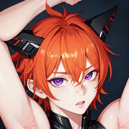 Prompt: Erikku male adult (short ginger hair, freckles, right eye blue left eye purple) UHD, 8K, Highly detailed, insane detail, best quality, high quality,  anime style, biker 