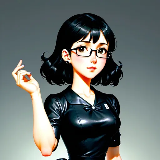 Prompt: Ghibli 2D anime style. A nerdy Japanese female with professionally styled soft waves in her black hair, and wearing a sophisticated 1950's style black leather dress with elbow-length sleeves and a midi-length A-line skirt.