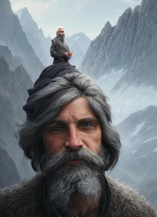 Prompt: Portrait of {wizard} with {grey} hair and with cute face, {mountain background}, perfect composition, hyperrealistic, super detailed, 8k, high quality, trending art, trending on artstation, sharp focus, studio photo, intricate details, highly detailed, by greg rutkowski