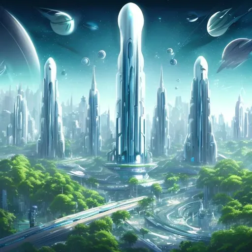 Prompt: Futuristic City White Tall Towers Lush Green Overgrown Plants Light Blue Sky High with many big white spaceships