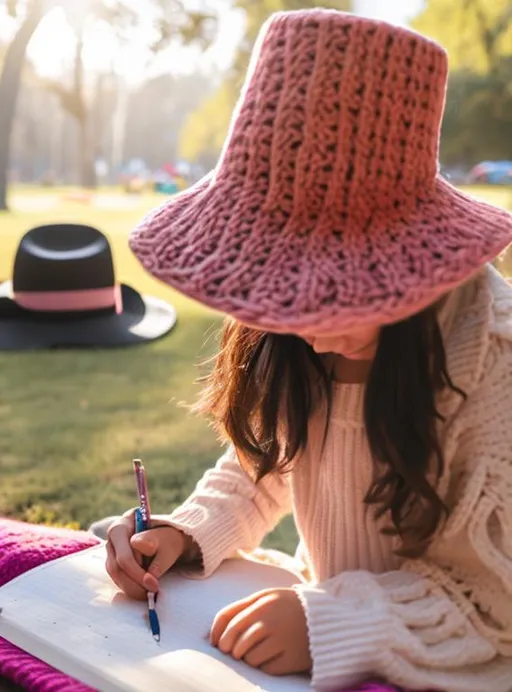 Prompt: Girl writing her journal.. big hat so you see no face while sitting on a WYCO blanket in the park