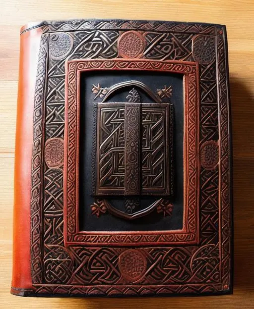 Prompt: A carved leather bookcover about thor  ,with intricate background details from norse and celtic symbols