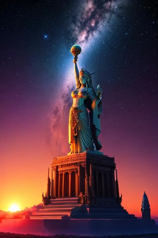 Prompt: Show me a lone towering celestial statue of the beautiful goddess of space and time, 64k, highest resolution, vivid colors, best detail, highest detail, sunset, highest possible detail, 