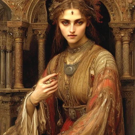 Prompt: John Melhuish Strudwick masterpiece portrait of a beautiful gypsy woman from the waist up wearing ornate intricate silk bohemiam beaded robes and lots of intricate jewelry 

