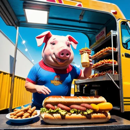 Prompt: a dressed pig eating a hotdog at a foodtruck, unreal engine, fantastical, intricate detail, hyperdetailed, ultra details,  splash screen, by greg bukowski, complementary colors, fantasy concept art, 8k, deviantart masterpiece, oil painting, heavy strokes, splash arts, photorealistic, masterpiece, cinematic, 16k artistic photography, epic, drama, cinematic lighting, dramatic lighting, insanely 