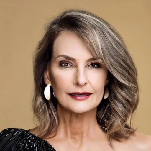 Prompt: create a mesmerizing image of a 55 year old woman's face with symmetrical features, prominent cheekbones, captivating eyes, full and inviting lips, flawless skin, and luscious, elegantly styled hair, exuding a sense of stunning beauty and timeless allure that is impossible to resist
