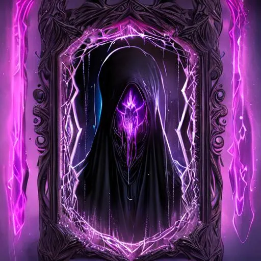 Prompt:  dementor inside a mirror; magical runes at the edges; dark theme, fantasy concept art, glowing colors, highly detailed, intricate art, 8k