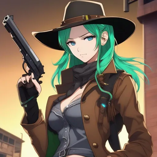 Prompt: She has a long, distinctive neon-green that fades to neon-blue hair in a ponytail, heterochromia eyes left eye green, right eye blue, wearing a long brown coat, grey vest, denim pants, black cowboy boots, holding a pistol, wearing a brown sheriff's cowboy hat, 8k, UHD, heavily detailed, anime style
