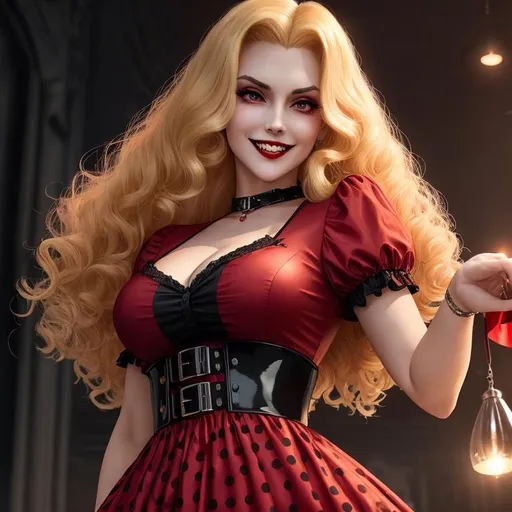 Prompt: Female vampire inspired by Alucard from Hellsing, 1950's housewife, wearing Short Sleeve polka dot Dress, ({short curly blonde hair} with red highlights), she is looking down at the viewer, vampire the masquerade, detailed symmetrical face, attractive face, full body picture, vicious grin showing perfect teeth, side eye, cyberpunk night time style background, well lit by street lights, vampire, Clan Tremere