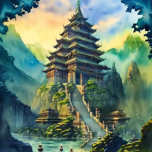 Prompt: watercolor temple of water deity, green yard, mountains, dungeons and dragons
