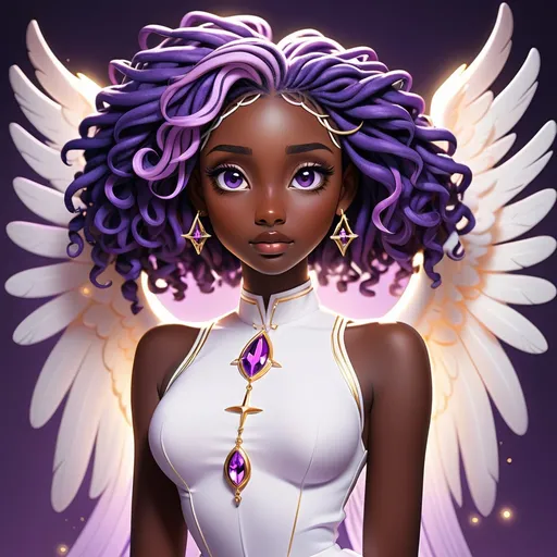 Prompt: Portrait, detailed, magical girl, angel, virtue of Temperence, twilight purple hair, locs, dark skin