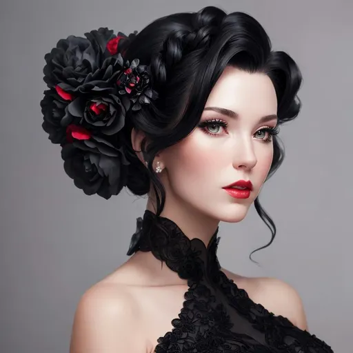 Prompt: Beautiful woman portrait wearing a black evening gown,  black hair, dark eyes, ruby jewelry,elaborate updo hairstyle adorned with flowers, facial closeup