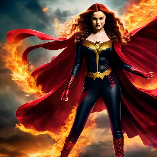 Prompt: High-resolution hyperrealistic photo of the dark phoenix merged with the scarlet witch, full-body flying, {holding the darkhold grimoire}, scarlet and ruby and gold costume, uhd, hdr, 64k