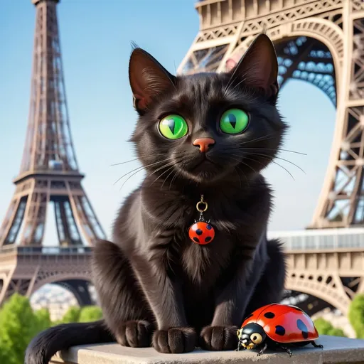 Prompt: a  black cat with green eyes sitting on the Eiffel tower with ladybug on his nose 