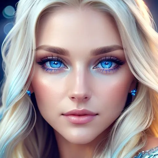 Prompt: Beautiful ethereal woman, long blonde hair,and icy blue eyes color, facial closeup