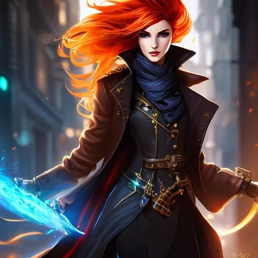 Prompt: Splash art, genasi, trench coat, ginger, flame hair, steampunk, victorian, sci-fi, very detailed character