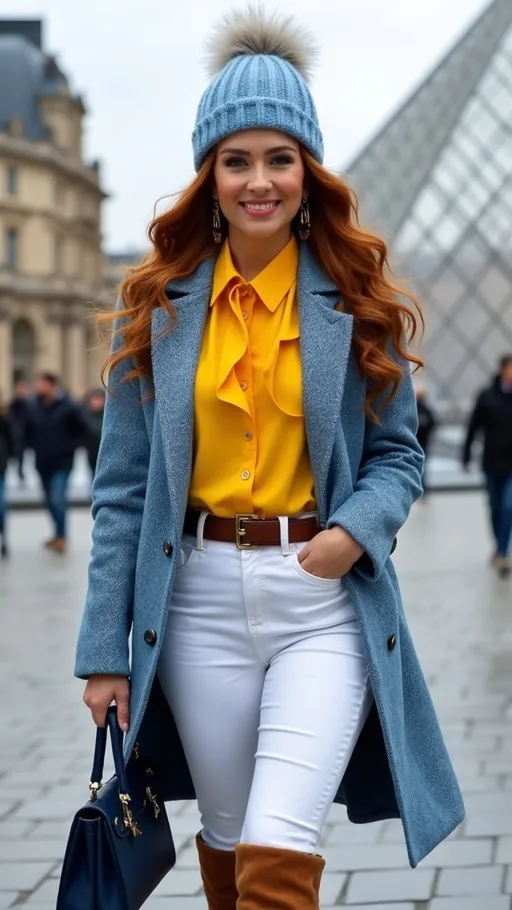 Prompt: (Stunning olive-skin French woman), walking on a (crisp winter day) in (Paris), with (The Louvre Pyramid) in the background, showcasing her elegant charm and beauty, warm friendly smile, (silky auburn-cinnamon hair), wearing a chic (light blue knit pom), fashionable outfit with a (sky-blue & yellow herringbone tweed coat), bright (yellow blouse), stylish (white high-waisted jeans), and (tall brown suede boots), navy purse, featuring curvy figure, captured in (photorealistic 8k), emphasizing (high detail & quality). The ambiance is (charming) and (elegant).