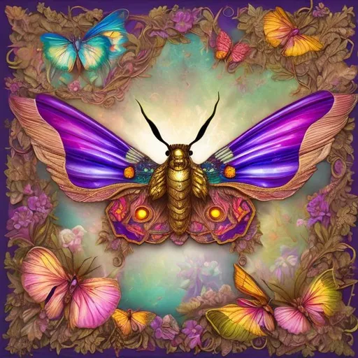 Prompt: Ornate moth diorama in the style of Lisa frank