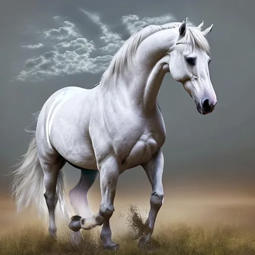 Prompt: Create a beautiful white horse image with high quality resolution that seems perfect but with a very small flaw that shows it imperfect