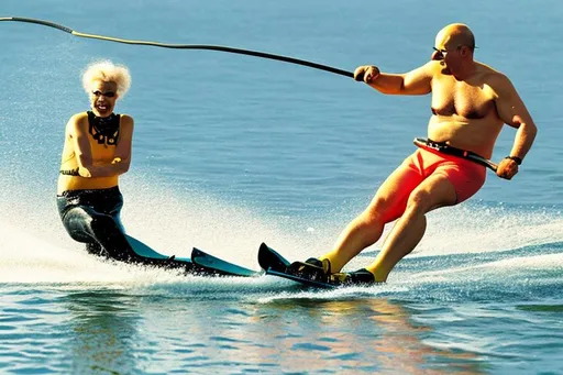 Prompt: Homer Simpson waterskiing